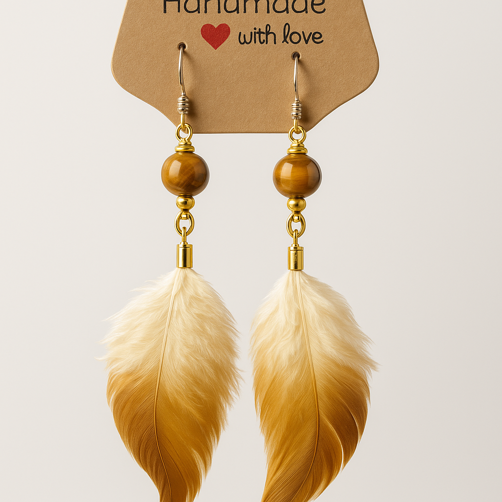 Golden Guardian Set - Tiger’s Eye Feather Earrings & Bracelet