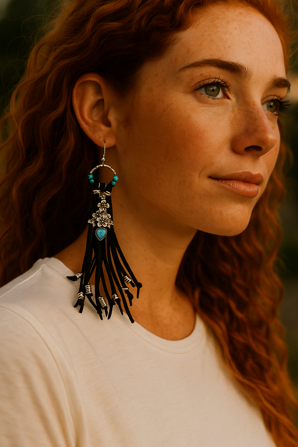 π΅ Wild Desert Fringe Earrings β Turquoise Heart Edition