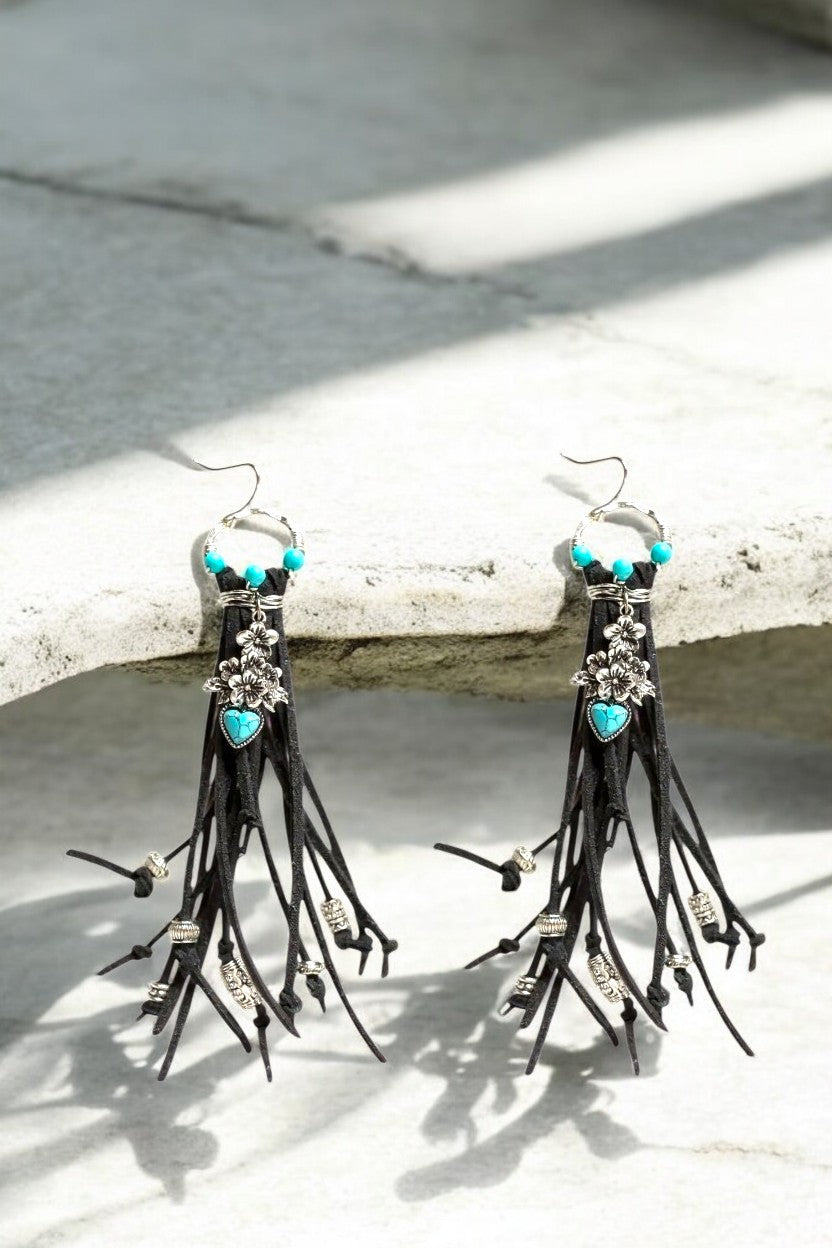 π΅ Wild Desert Fringe Earrings β Turquoise Heart Edition