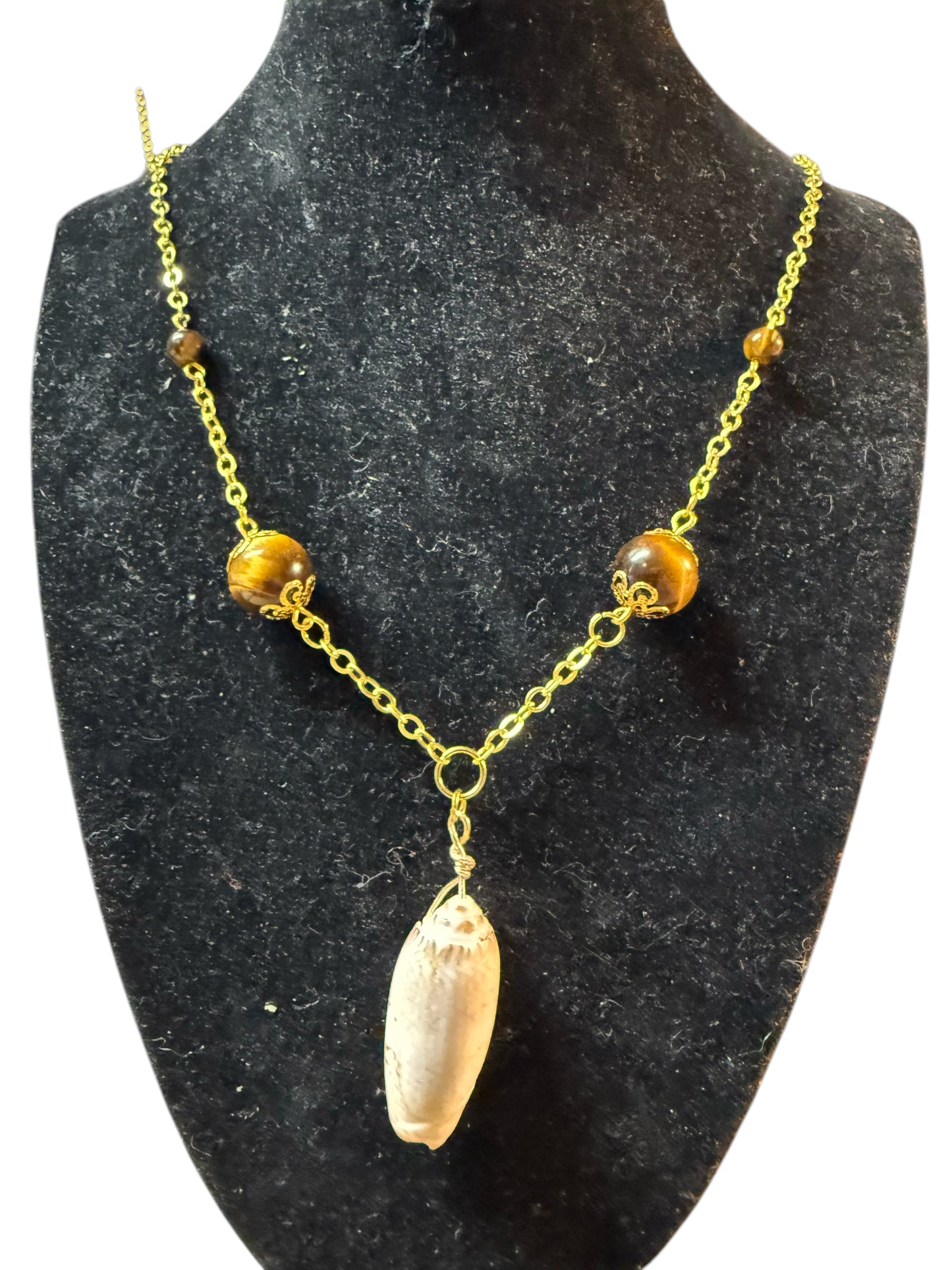 Olive Shell Necklace with Tiger’s Eye Accents