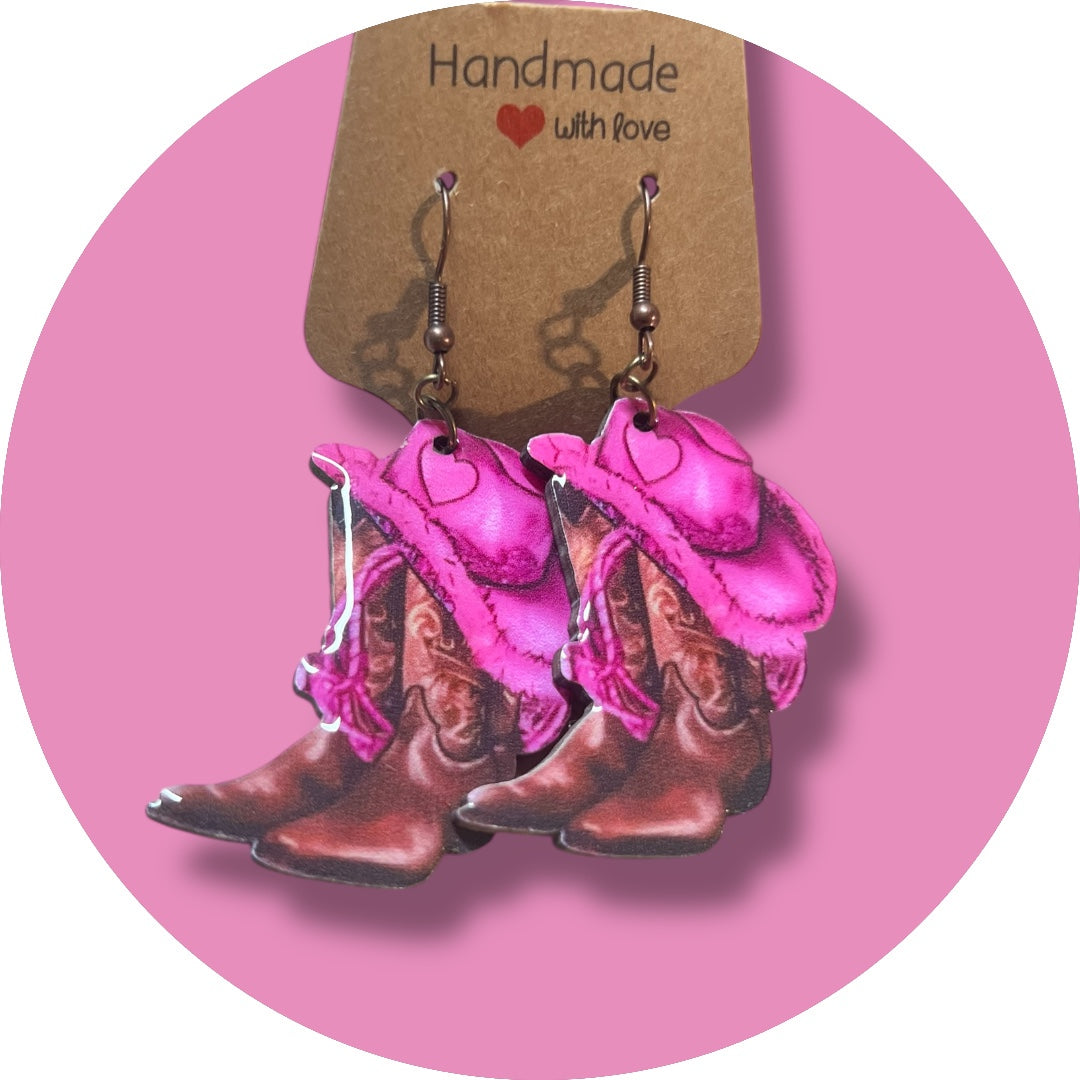 Pink Cowgirl Collection – Handmade Hat & Boot Dangle Earrings