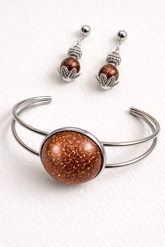 Cuff & Dangle Set – Navy, Moonstone, Onyx, Pink & Brown | Stainless Steel Statement Bracelet & Earrings