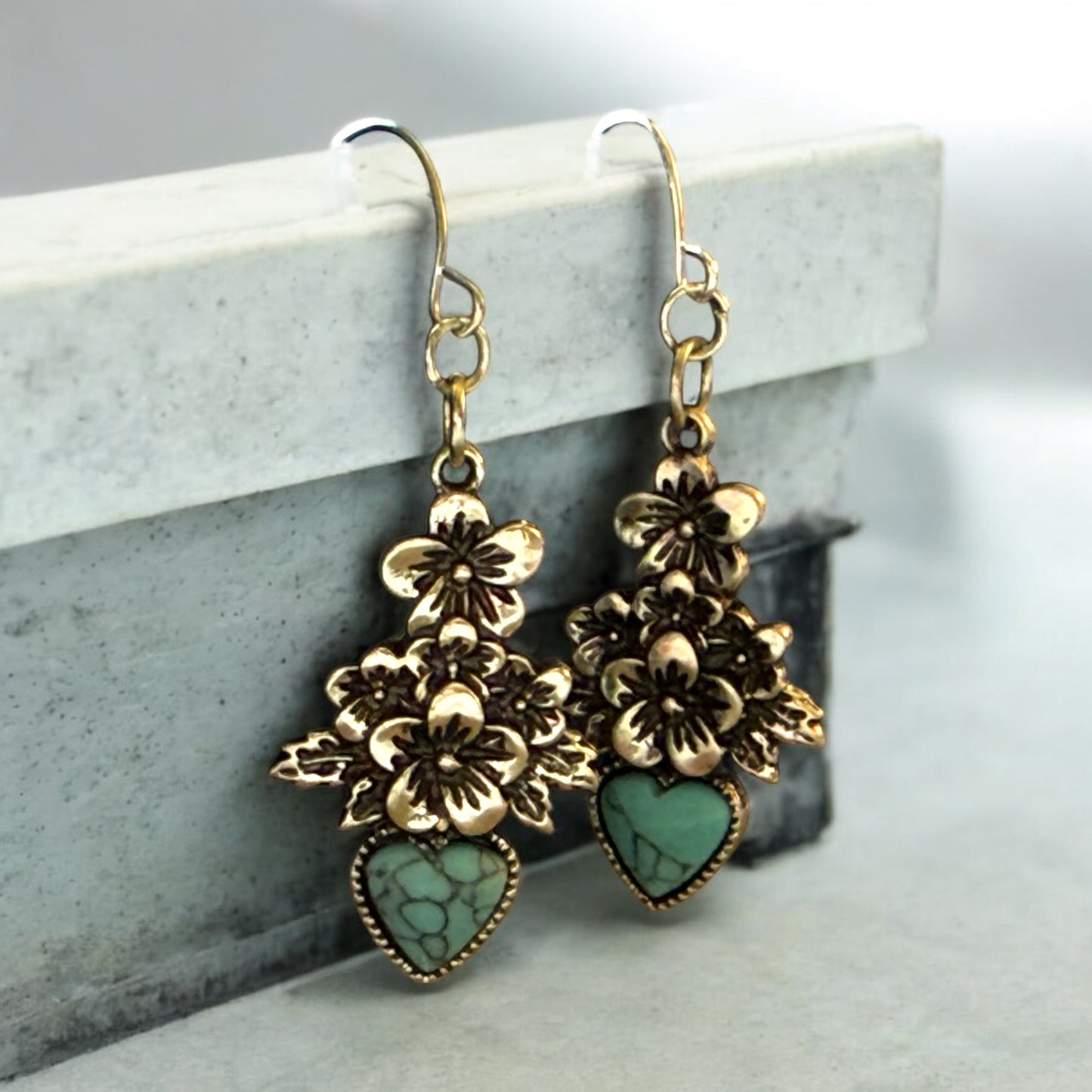 Turquoise Blossoms – Floral & Heart Charm Earrings
