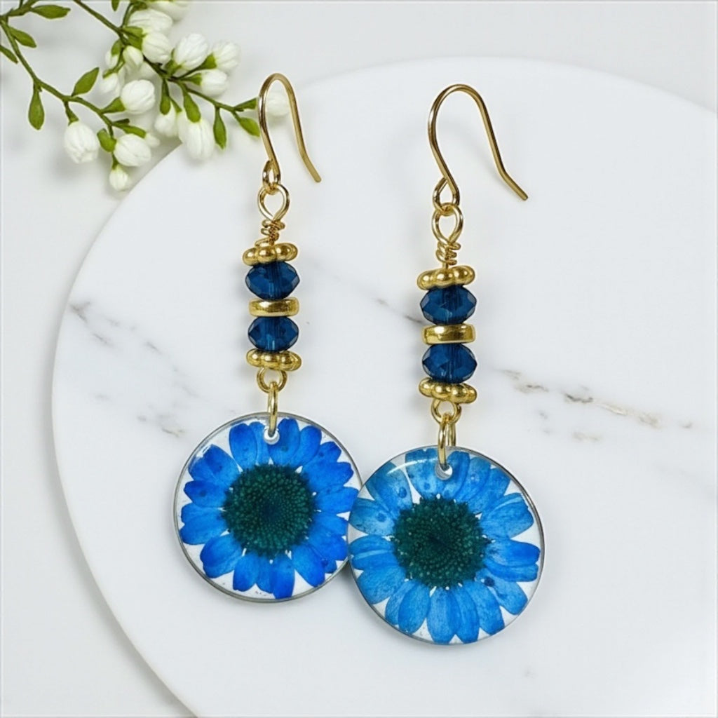 Blue Daisy Flower Dangles with Gold Accents