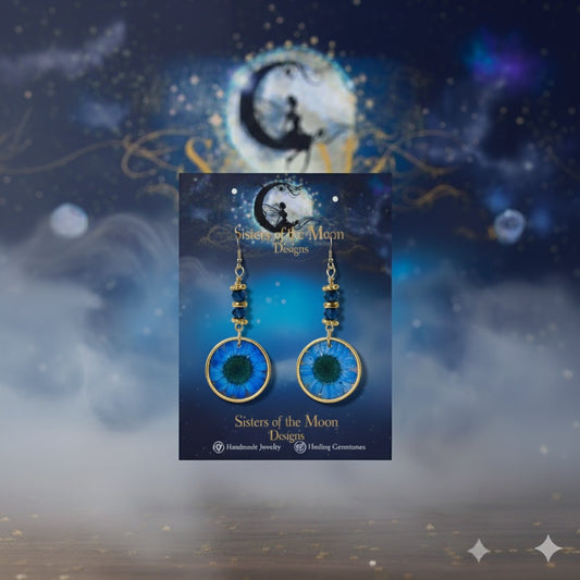 Blue Daisy Flower Dangles with Gold Accents