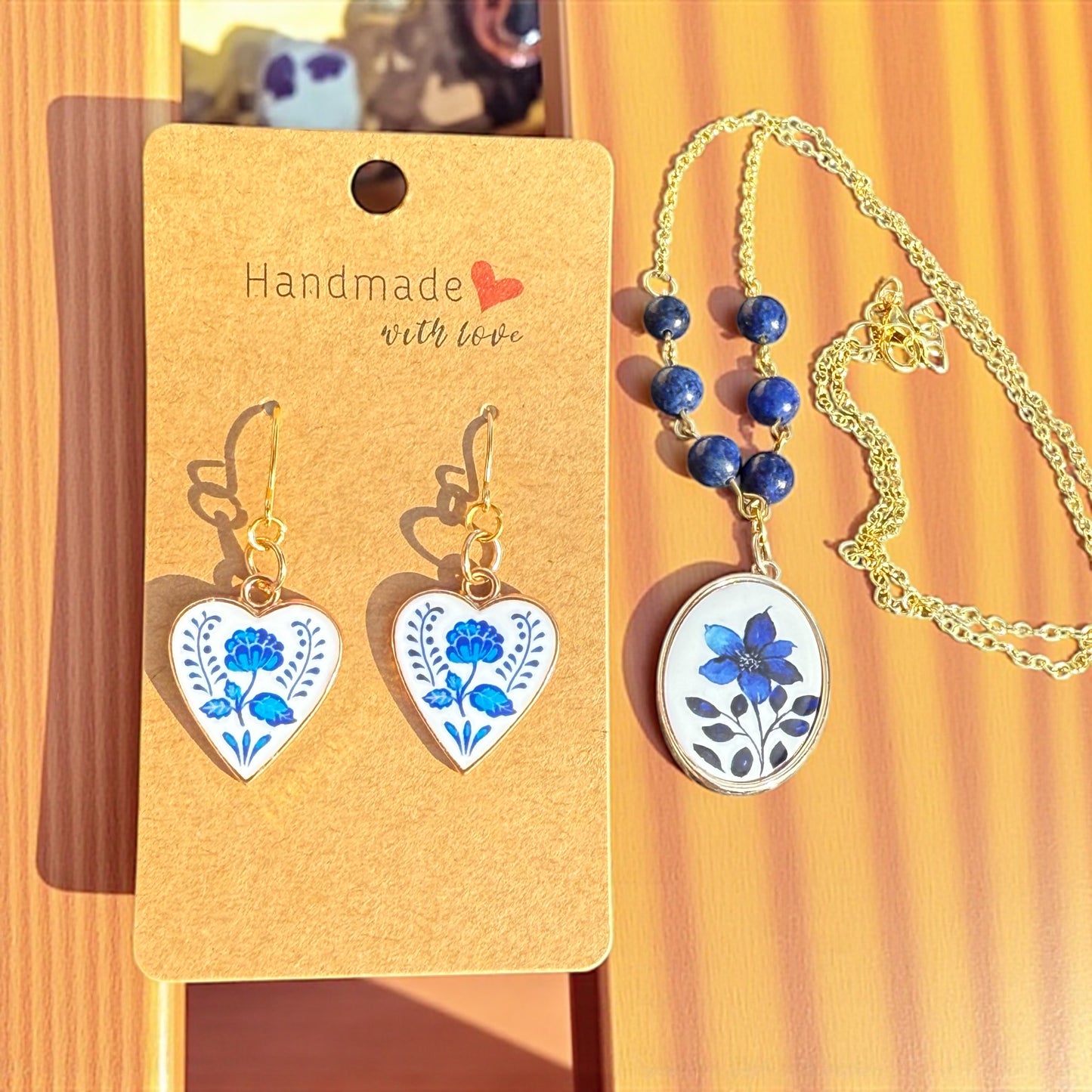 💙 Bohemian Blue Blossom– Hand-Painted Heart Earrings & Lapis Floral Pendant Necklace
