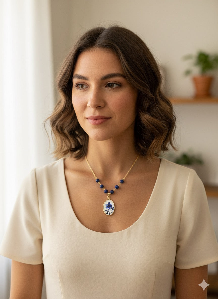 💙 Bohemian Blue Blossom– Hand-Painted Heart Earrings & Lapis Floral Pendant Necklace