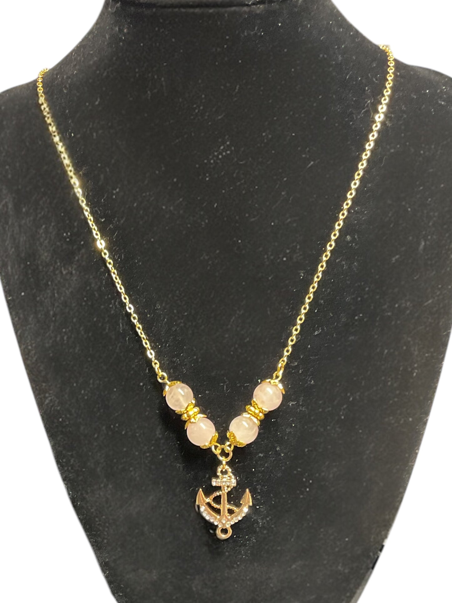 Anchored in Love- Rose Quartz Bracelet & Necklace Set with Gold Crystal Anchor Charms
