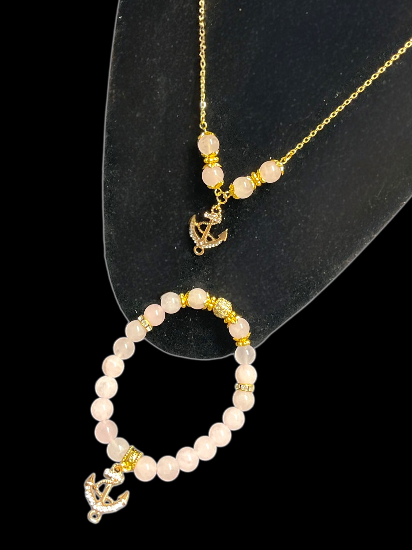 Anchored in Love- Rose Quartz Bracelet & Necklace Set with Gold Crystal Anchor Charms