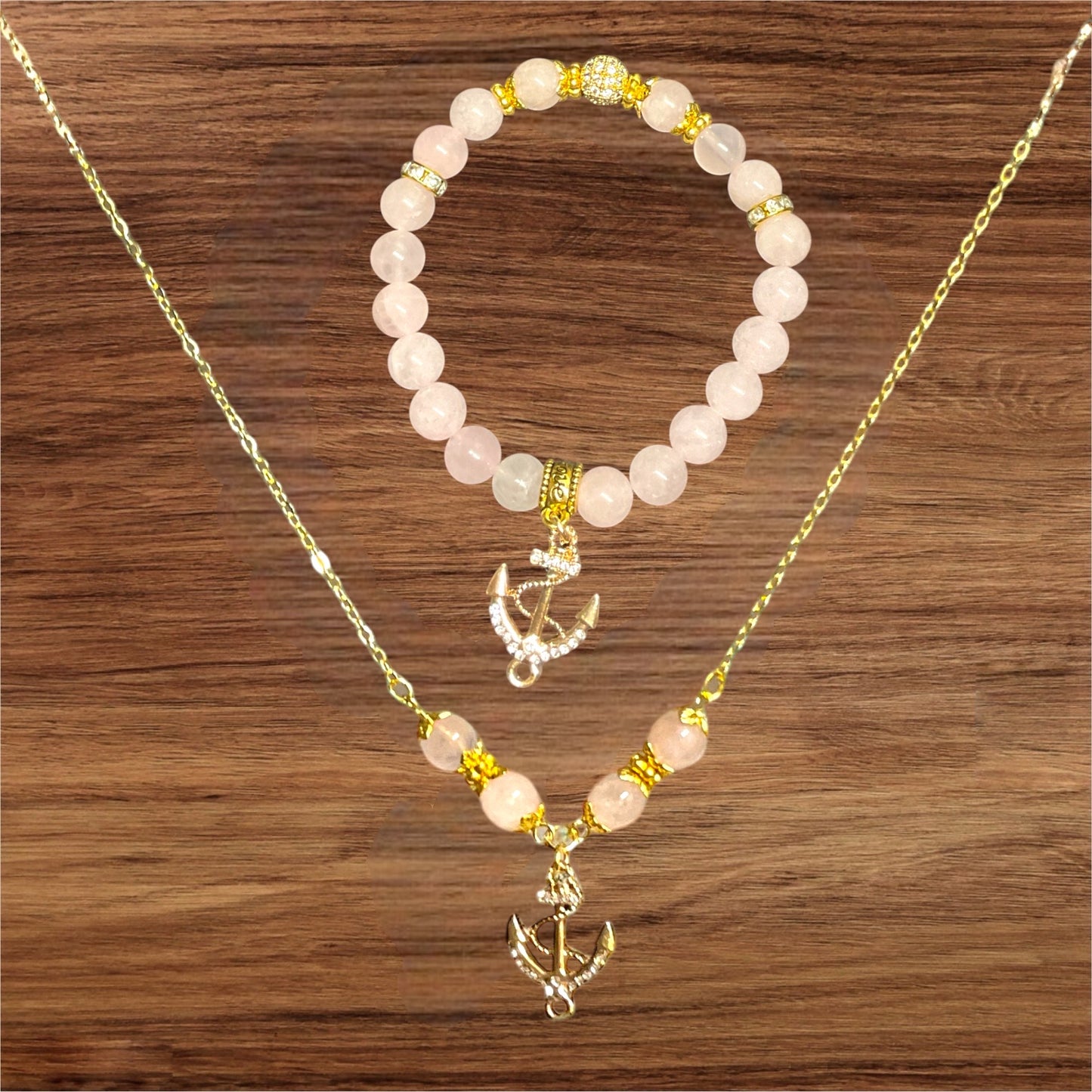 Anchored in Love- Rose Quartz Bracelet & Necklace Set with Gold Crystal Anchor Charms
