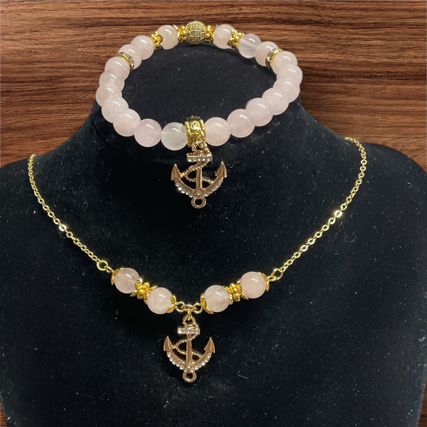 Anchored in Love- Rose Quartz Bracelet & Necklace Set with Gold Crystal Anchor Charms