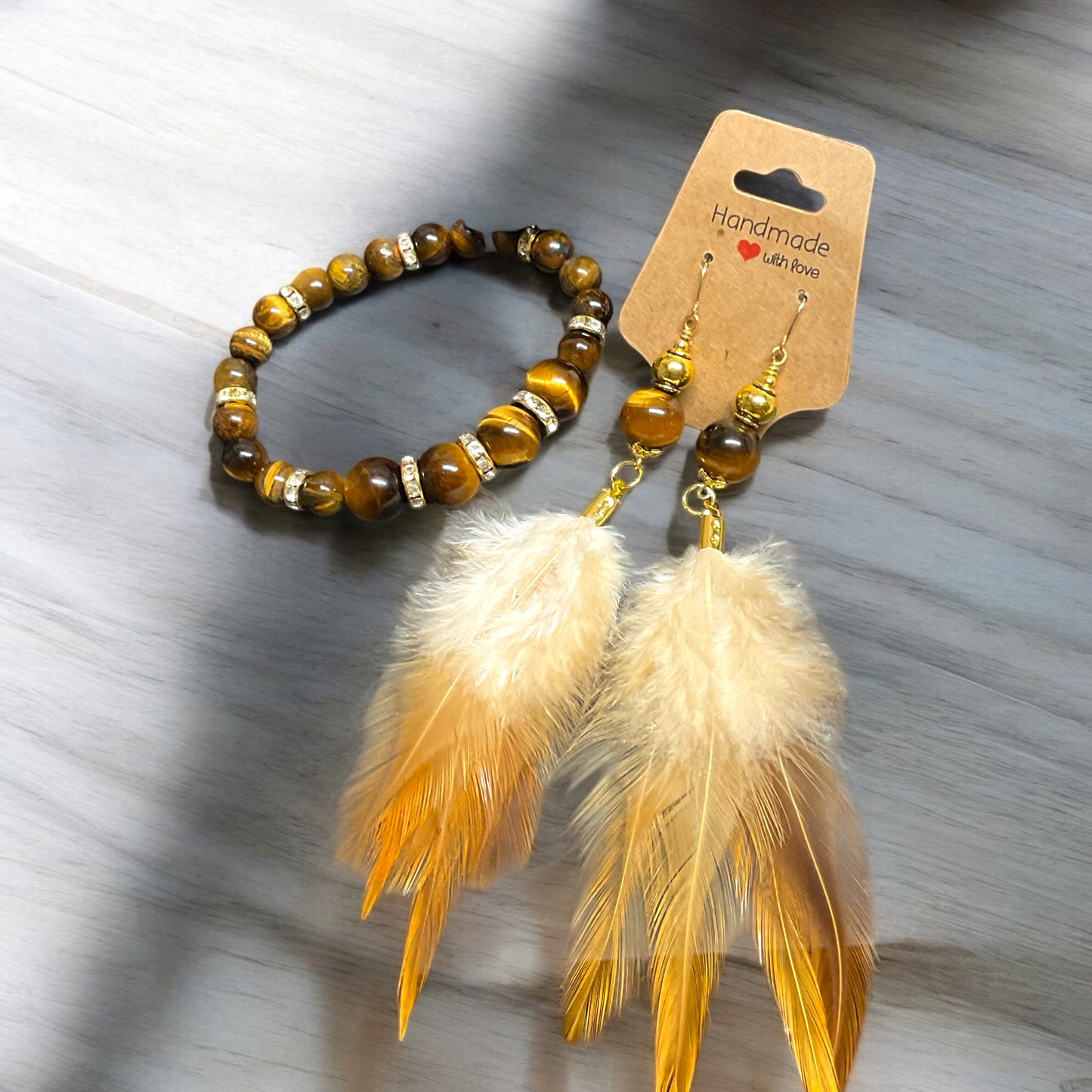 Golden Guardian Set - Tiger’s Eye Feather Earrings & Bracelet