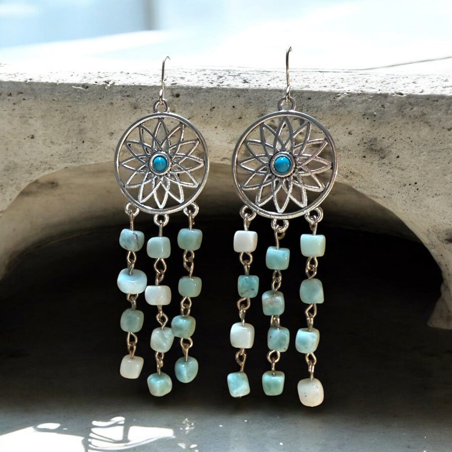 Larimar Dreamcatcher Cascade Earrings | Handmade Ocean Energy Jewelry | One of a Kind