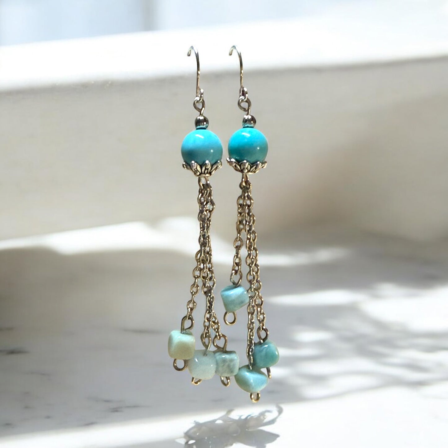Larimar Waterfall Dangle Earrings | Caribbean Blue Gemstone | Handmade One of a Kind
