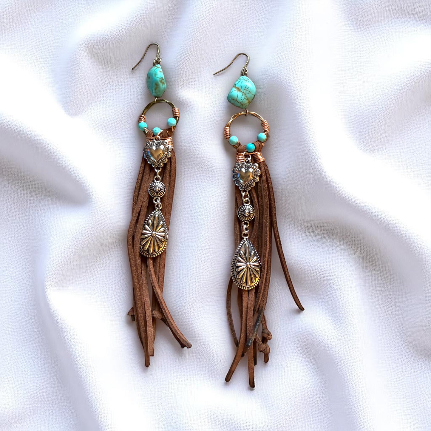 Desert Fringe Cowgirl Earrings β Turquoise Beaded Leather Western Dangle Earrings