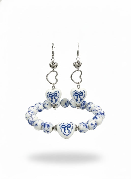 Blue Ribbon Heart Jewelry Set β Bracelet & Earrings β’ Porcelain Cottage-Core Heart Set