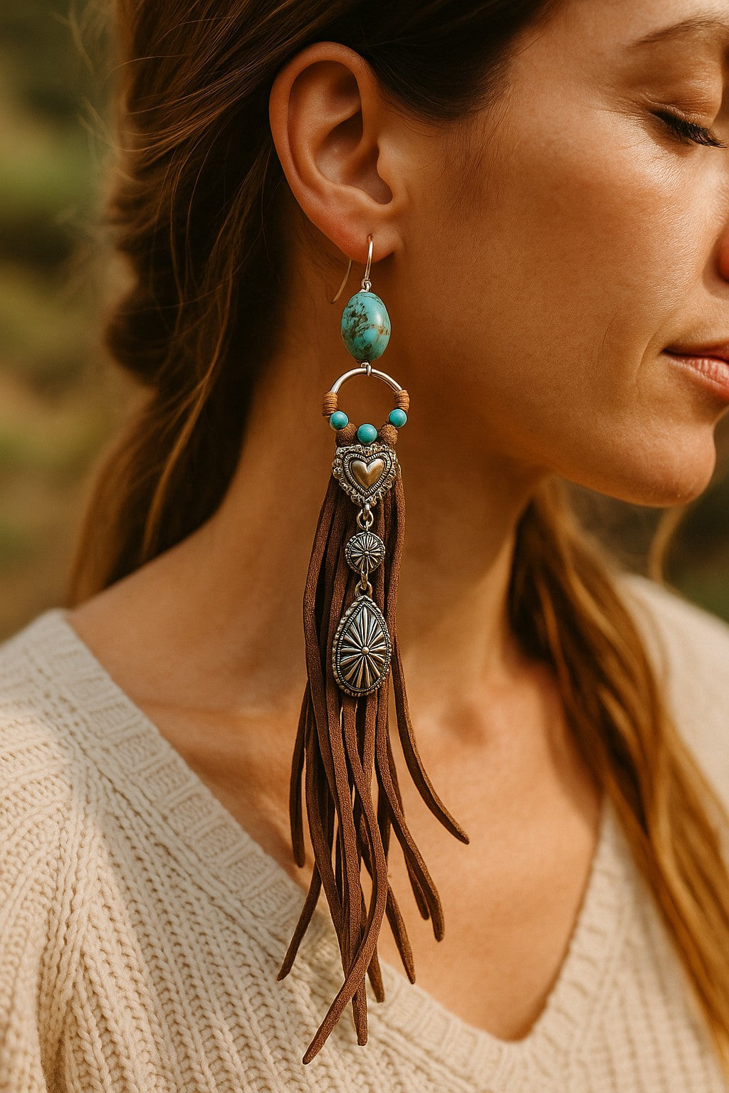 Desert Fringe Cowgirl Earrings β Turquoise Beaded Leather Western Dangle Earrings
