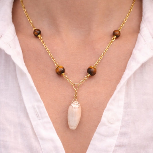 Olive Shell Necklace with Tiger’s Eye Accents