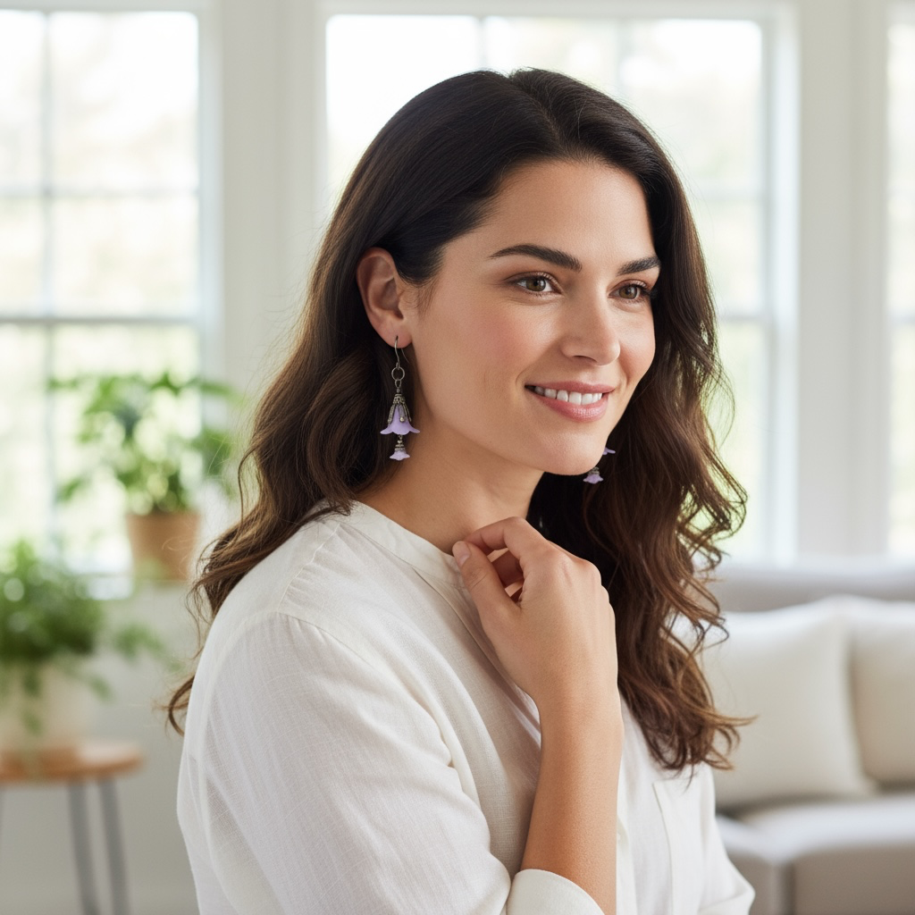 Lilac Bellflower Drop Earrings | Lightweight Lucite Flower Dangles, Antique Silver Accents, Stainless Steel Hooks | Cottagecore/Fairycore