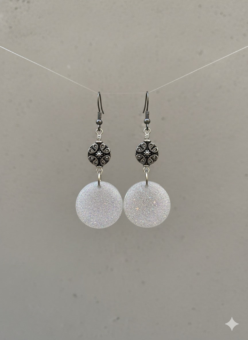 Frosted Moon Disco Dangles — Holographic White Resin Circle Earrings with Silver Mandala Accent | Lightweight Sparkle | Hypoallergenic Stainless Hooks
