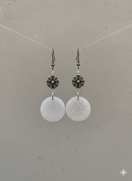 Frosted Moon Disco Dangles — Holographic White Resin Circle Earrings with Silver Mandala Accent | Lightweight Sparkle | Hypoallergenic Stainless Hooks