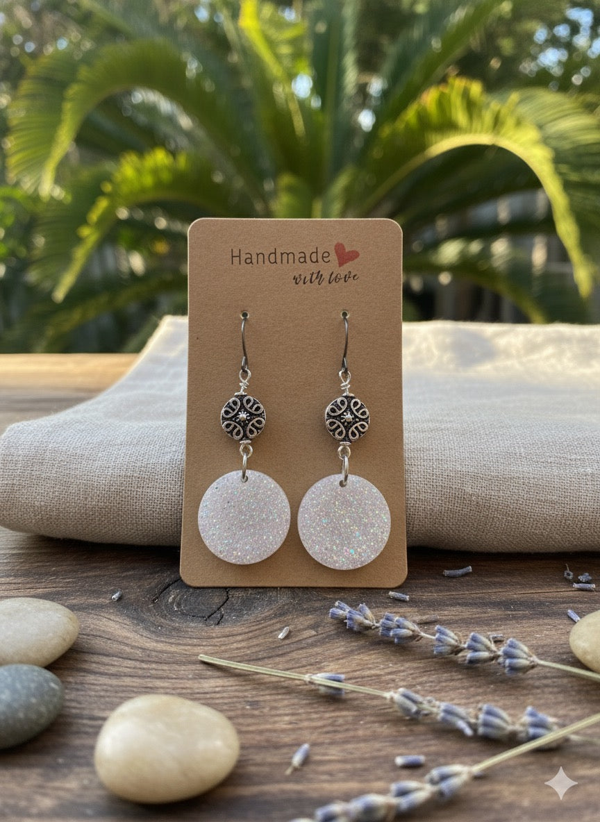 Frosted Moon Disco Dangles — Holographic White Resin Circle Earrings with Silver Mandala Accent | Lightweight Sparkle | Hypoallergenic Stainless Hooks