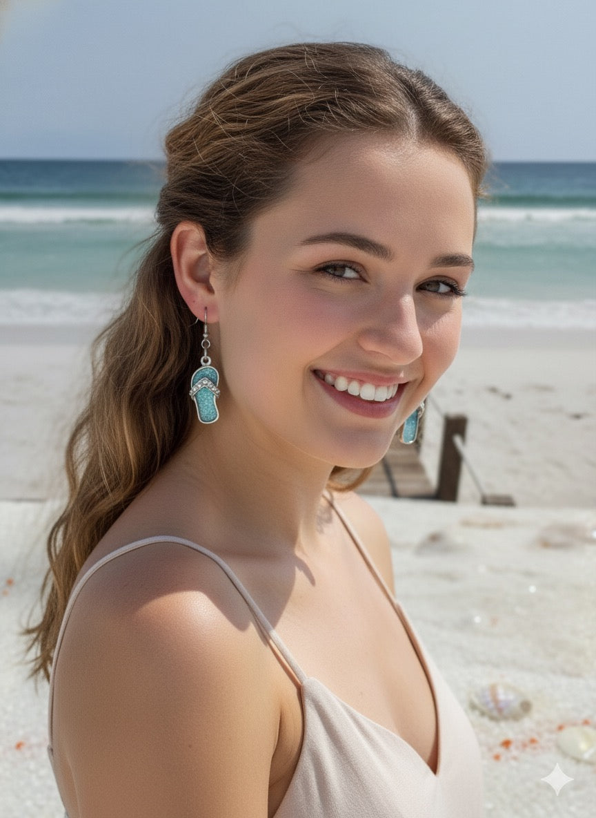 Flip-Flop Earrings | Aqua Resin & Crystal Sandal Dangles | Beach Vacation Jewelry 🩴🌊✨