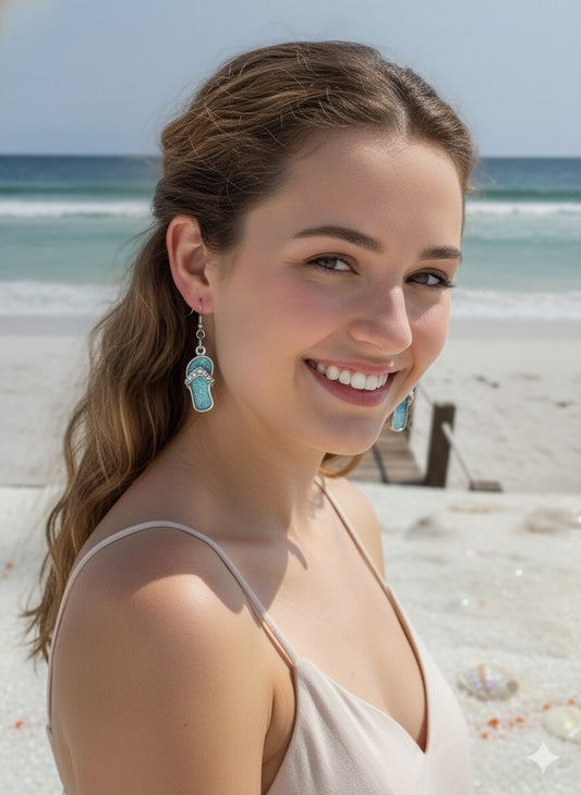 Flip-Flop Earrings | Aqua Resin & Crystal Sandal Dangles | Beach Vacation Jewelry 🩴🌊✨