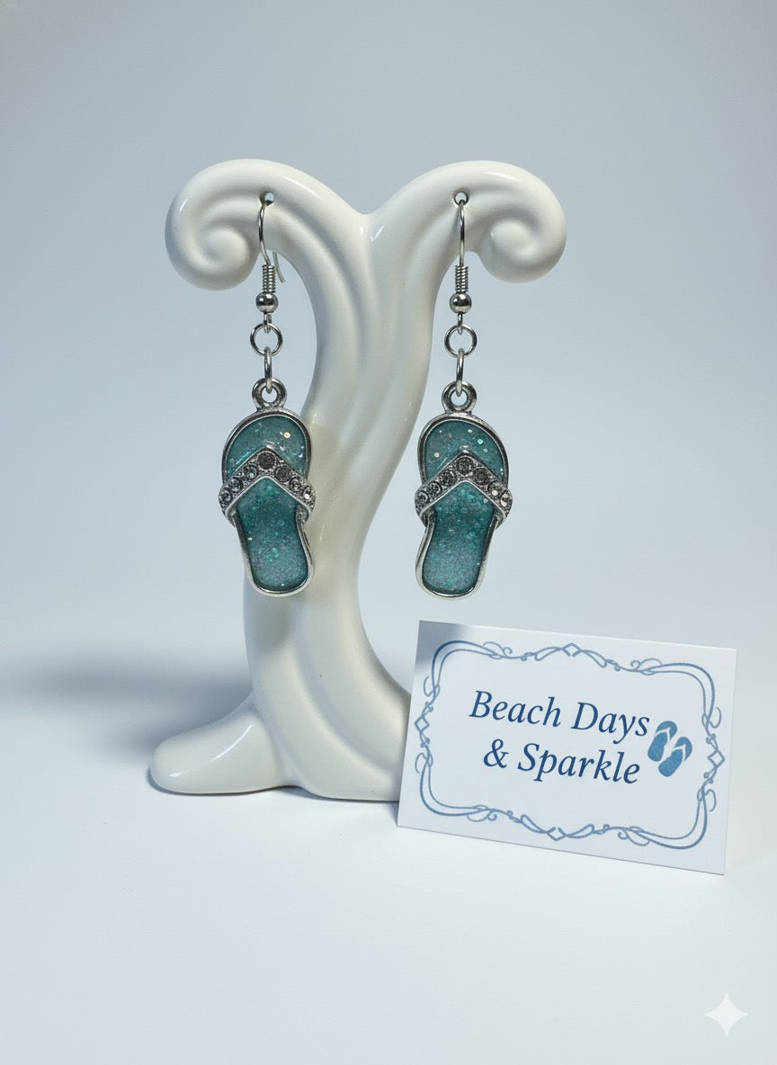 Flip-Flop Earrings | Aqua Resin & Crystal Sandal Dangles | Beach Vacation Jewelry 🩴🌊✨