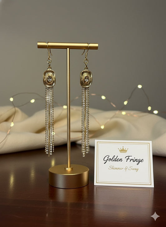 Golden Hour Rhinestone Tassel Earrings | Art Deco Shoulder Dusters | Gold Fringe Statement Dangles | Bridal/Party Earrings | Lightweight Long Earrings