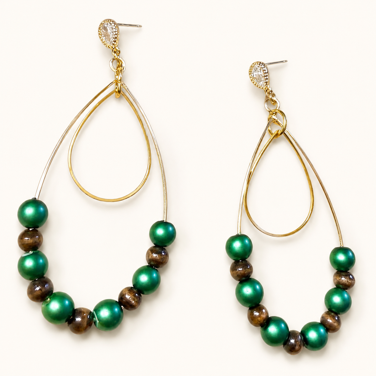 Emerald & Bronze Teardrop Hoop Earrings