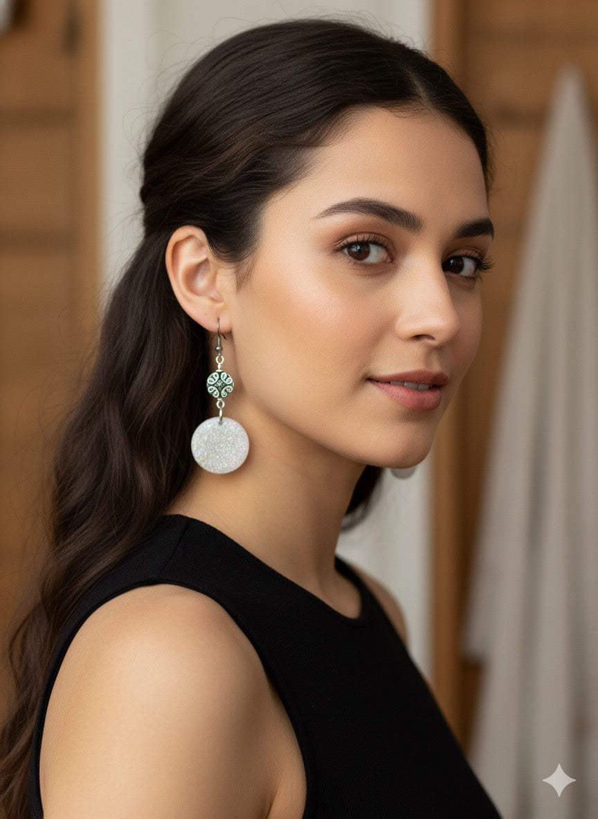 Frosted Moon Disco Dangles — Holographic White Resin Circle Earrings with Silver Mandala Accent | Lightweight Sparkle | Hypoallergenic Stainless Hooks