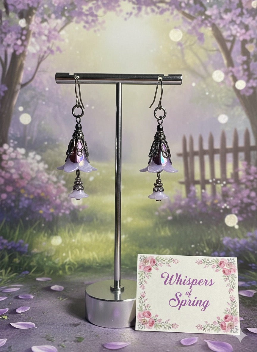 Lilac Bellflower Drop Earrings | Lightweight Lucite Flower Dangles, Antique Silver Accents, Stainless Steel Hooks | Cottagecore/Fairycore