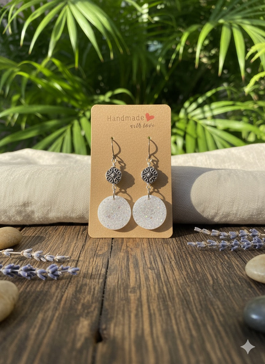 Frosted Moon Disco Dangles — Holographic White Resin Circle Earrings with Silver Mandala Accent | Lightweight Sparkle | Hypoallergenic Stainless Hooks