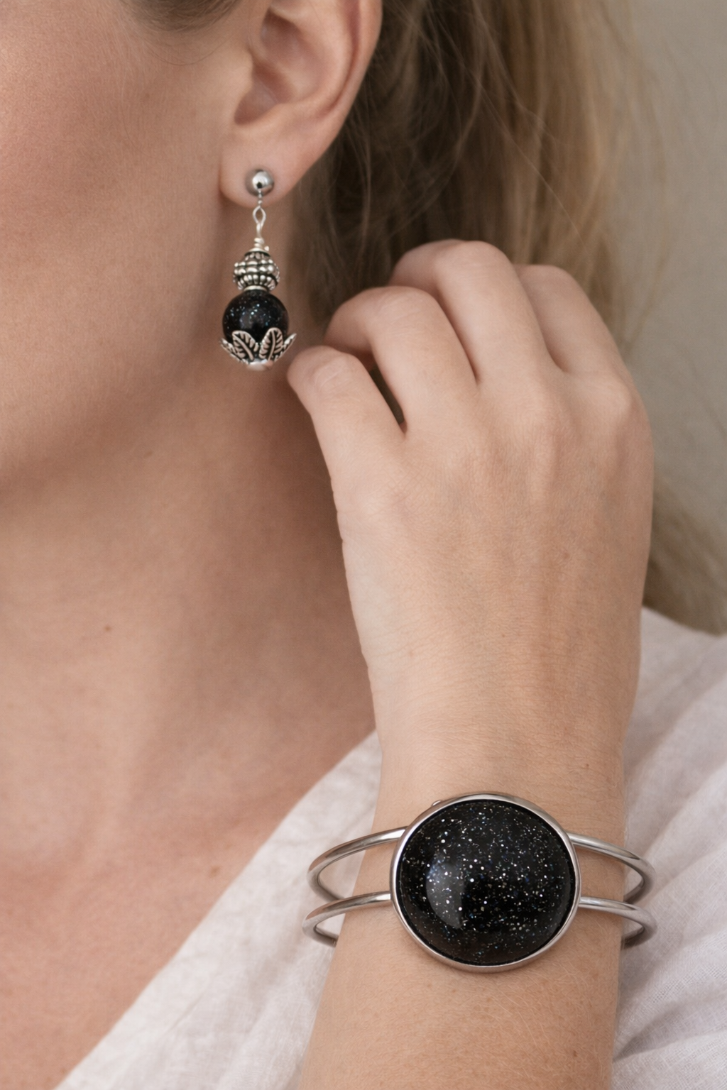 Cuff & Dangle Set – Navy, Moonstone, Onyx, Pink & Brown | Stainless Steel Statement Bracelet & Earrings