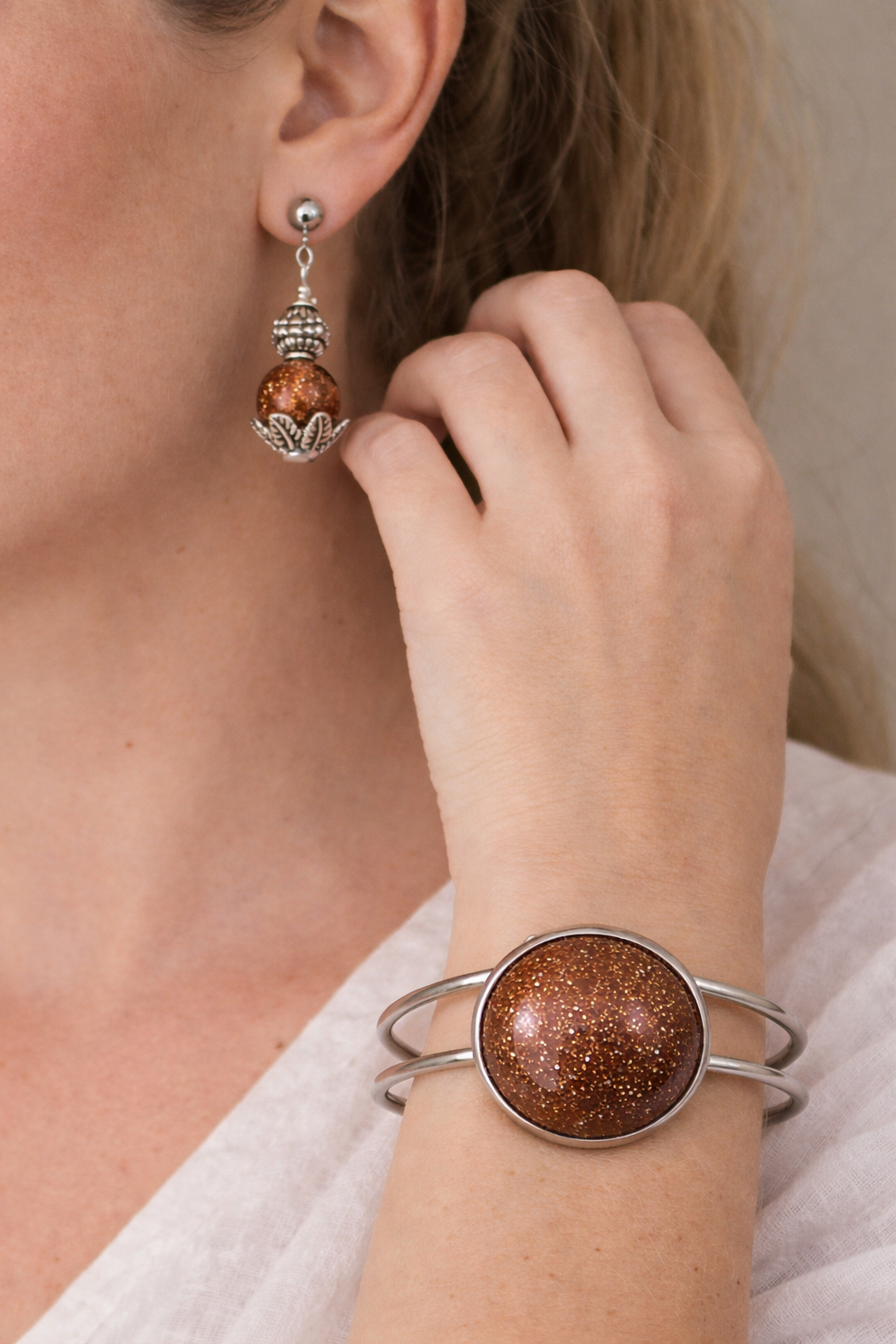 Cuff & Dangle Set – Navy, Moonstone, Onyx, Pink & Brown | Stainless Steel Statement Bracelet & Earrings