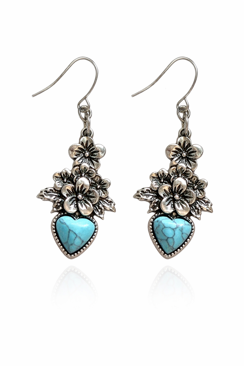 Turquoise Blossoms – Floral & Heart Charm Earrings