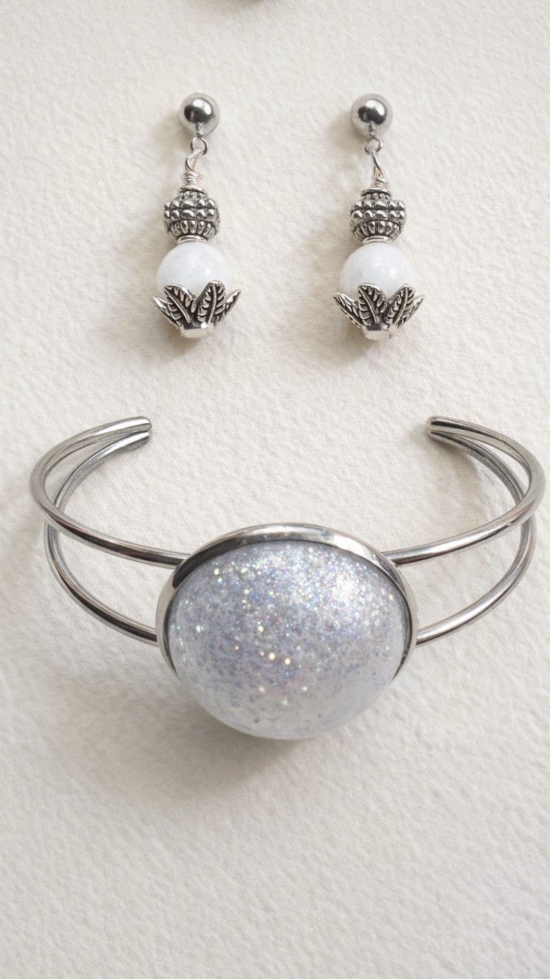 Cuff & Dangle Set – Navy, Moonstone, Onyx, Pink & Brown | Stainless Steel Statement Bracelet & Earrings