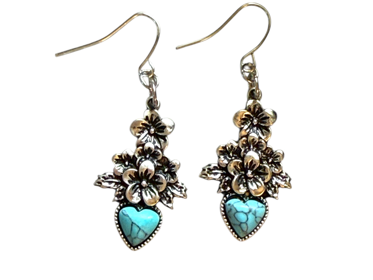 Turquoise Blossoms – Floral & Heart Charm Earrings 🌸💙✨