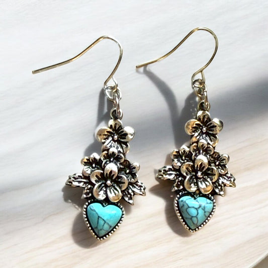 Turquoise Blossoms – Floral & Heart Charm Earrings 🌸💙✨