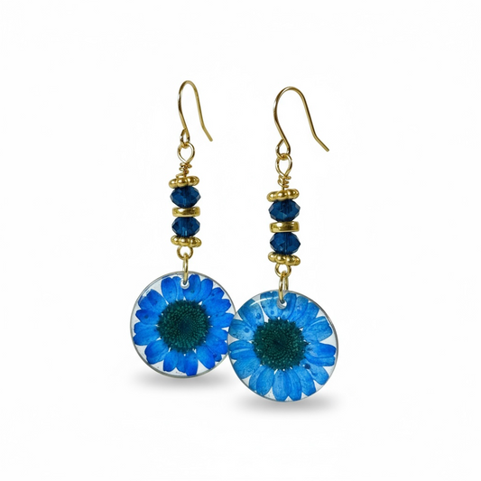 Blue Daisy Flower Dangles with Gold Accents