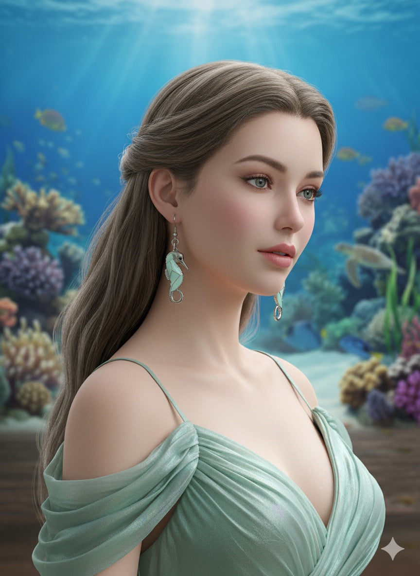 🐚 Ocean Spirit Seahorse Earrings – Aqua Enamel & Silver Detail Dangles 🌊✨
