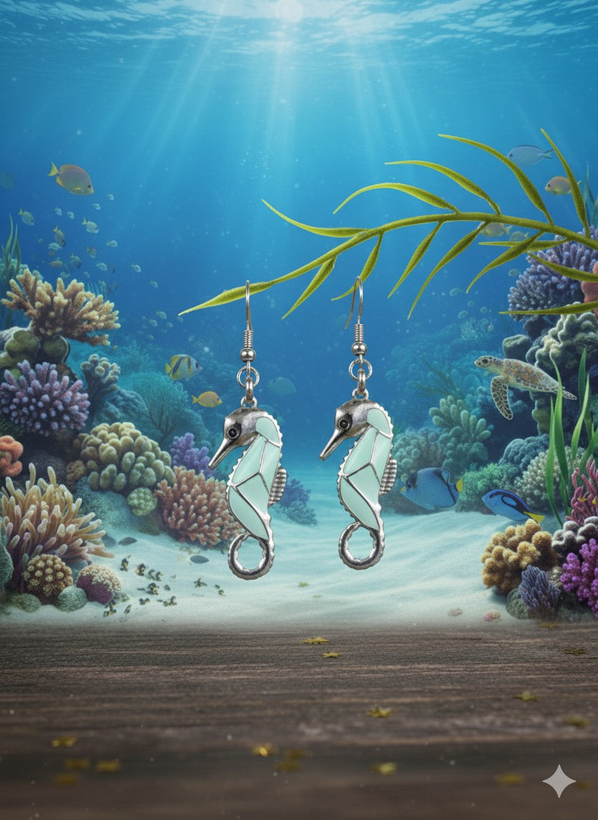🐚 Ocean Spirit Seahorse Earrings – Aqua Enamel & Silver Detail Dangles 🌊✨
