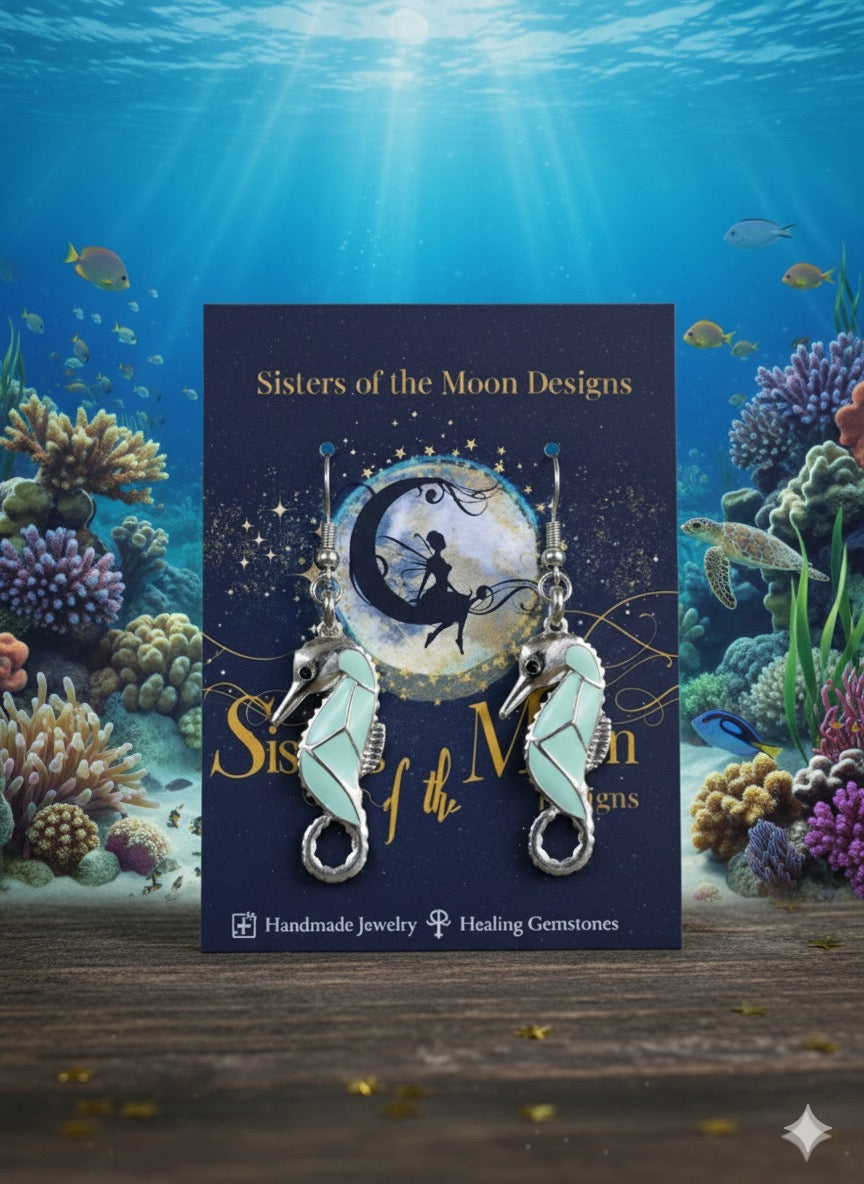 🐚 Ocean Spirit Seahorse Earrings – Aqua Enamel & Silver Detail Dangles 🌊✨
