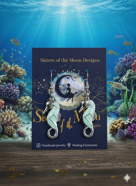 🐚 Ocean Spirit Seahorse Earrings – Aqua Enamel & Silver Detail Dangles 🌊✨