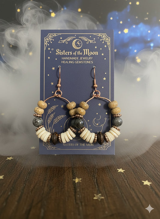 Earthbound Harmony Hoops – Jasper, Lava Stone & Bone-Inspired Gemstone Earrings 🌿