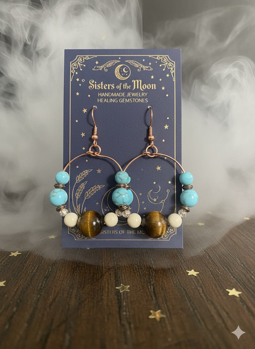 Turquoise, Tiger’s Eye & White Howlite Gemstone Earrings ✨