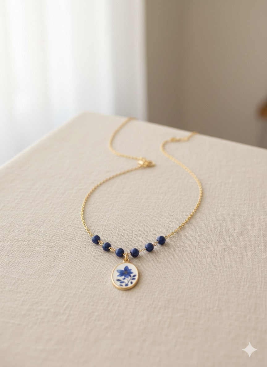 💙 Bohemian Blue Blossom– Hand-Painted Heart Earrings & Lapis Floral Pendant Necklace