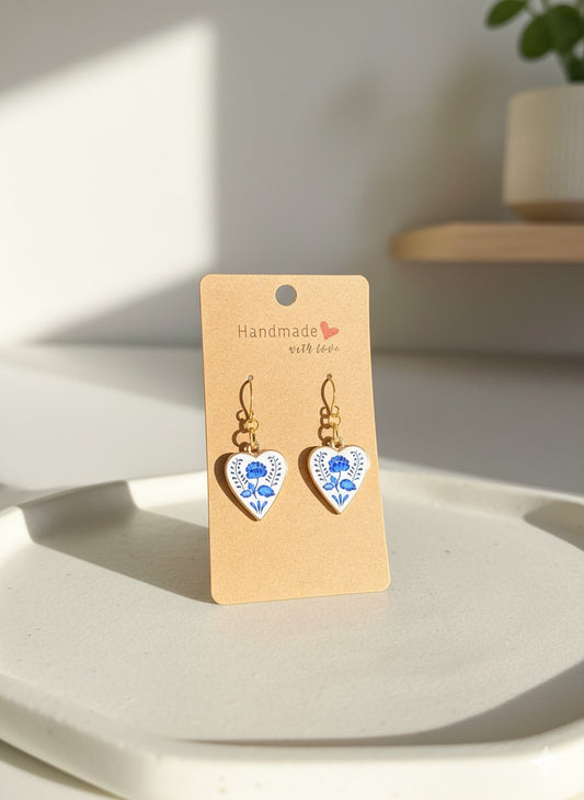 💙 Bohemian Blue Blossom– Hand-Painted Heart Earrings & Lapis Floral Pendant Necklace