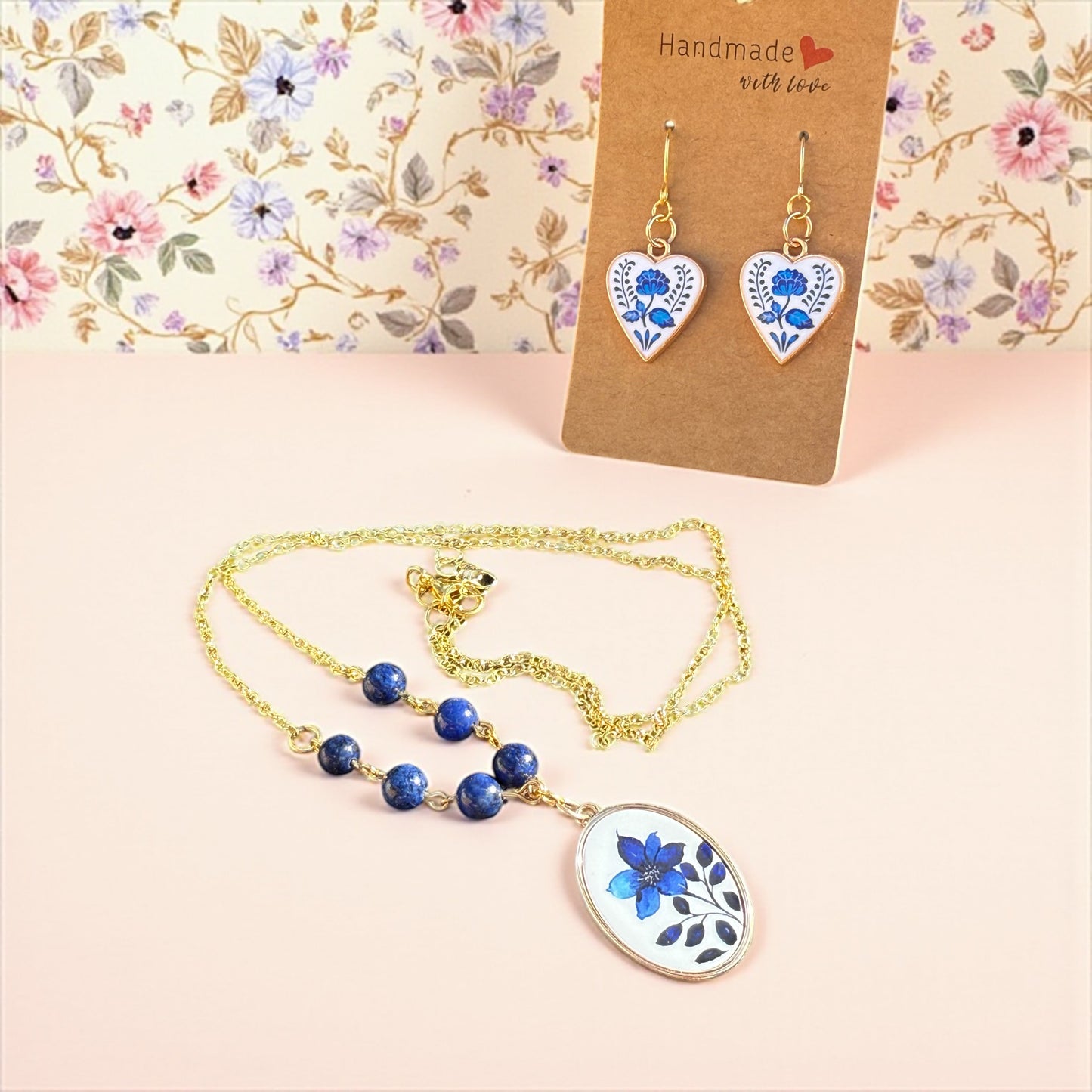 💙 Bohemian Blue Blossom– Hand-Painted Heart Earrings & Lapis Floral Pendant Necklace
